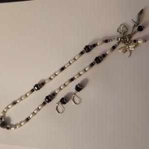 Dragonfly charm necklace dragonfly high heel black bead earrings set